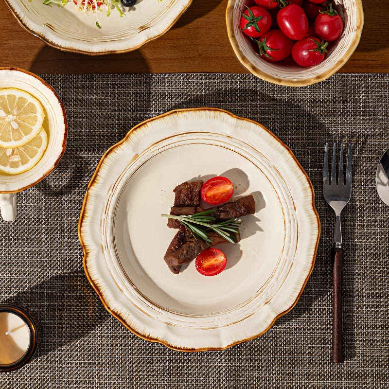 8pcs Ceramic Dinnerware Set in a Kiln-Changed Brown Color, Featuring a Vintage Minimalist Design with Irregular Edges, Suitable for Serving Fruits, Vegetable Salads, Bread, Pasta, Steak, Roasted Chicken, And More