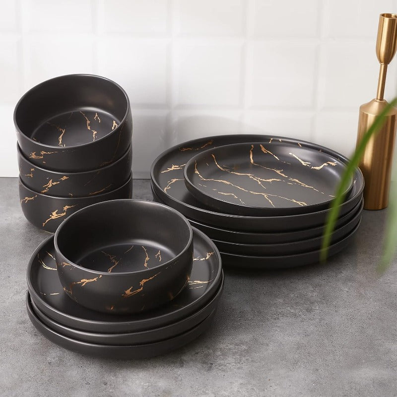 12pcs Black Golden Splash Marble Porcelain Dinnerware Set | Modern Luxury Dish Set for 4 People, Fine China Plates and Bowls for Formal Dinners and Anniversaries