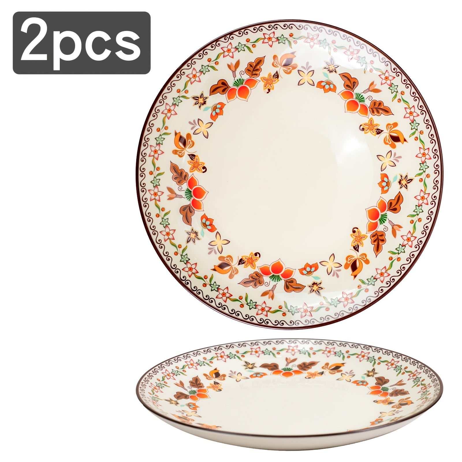 Set of 2 Shallow Plates Measuring 8.5 Inches (Dream of Dunhuang), Suitable for Dishwashers And Microwaves, Reusable, Featuring a Vintage Floral Bohemian Style, Perfect for Snacks, Pastries, Fruits, And Pet Dishes