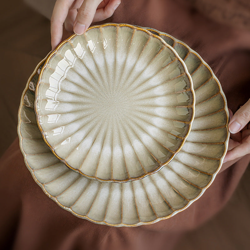 Retro Petal Relief Japanese Ceramic Dinnerware | Suitable for Household Use - Includes Bowls, Plates, Dishes, Serving Bowls, Deep Plates, Saucers