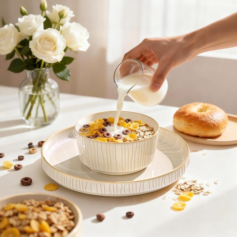 4, 12pcs Ceramic Dinnerware Sets | Ribbed Reactive Glaze Plates and Bowls, Chip Scratch Resistant, Microwave Dishwasher Safe, Odd Shaped Bowls, Cappuccino White, Ideal for Housewarming Gifts