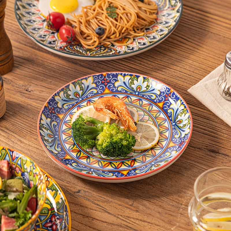 12pcs Bohemian Style Ceramic Dinnerware Set | Combination of 6-Inch Bowls And 8\u002F10-Inch Steak Plates | Hand-Painted Vintage Patterned Plates | Suitable for Oven And Microwave | High-Quality Western Dining Utensils for Home Gatherings
