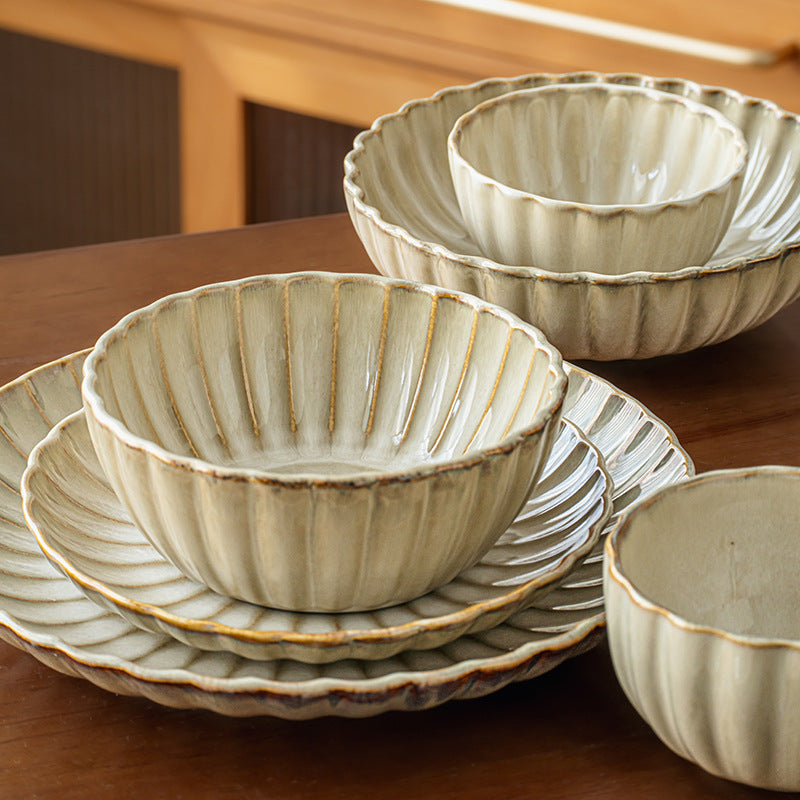 Retro Petal Relief Japanese Ceramic Dinnerware | Suitable for Household Use - Includes Bowls, Plates, Dishes, Serving Bowls, Deep Plates, Saucers