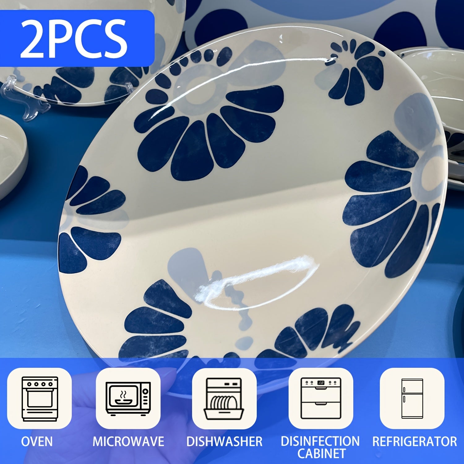 Two 10.8-inch Ceramic Plates with Celadon Petal-shaped Designs. Made of Ceramic, These Extra-large Plates Are Ideal for Steak, Seafood Delicacies, Main Dishes, Chinese and Western Cuisine. Suitable for Home and Kitchen Use, Dining and Serving