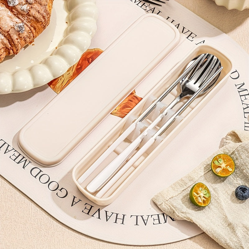 Personalized Customization, Cream Chopstick Spoon Set 304 Stainless Steel Student Tableware, School Specific Portable Spoon And Chopstick Storage Box, High-Value Tableware Set, Compact And Luxurious Stainless Steel Tableware Set