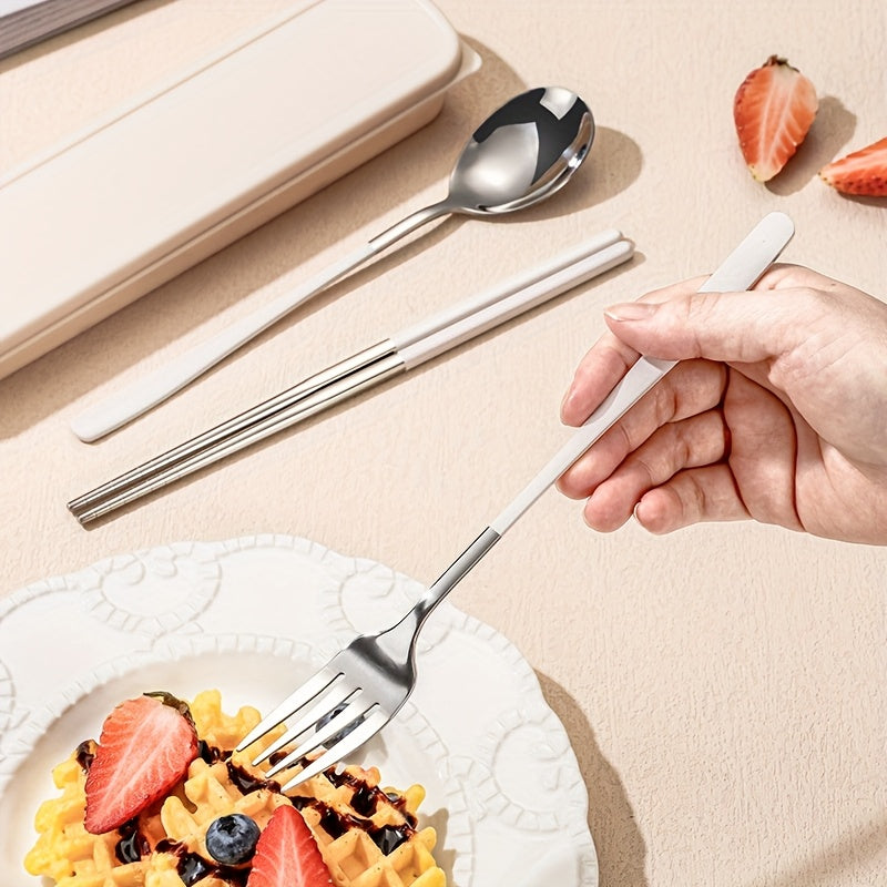 Personalized Customization, Cream Chopstick Spoon Set 304 Stainless Steel Student Tableware, School Specific Portable Spoon And Chopstick Storage Box, High-Value Tableware Set, Compact And Luxurious Stainless Steel Tableware Set