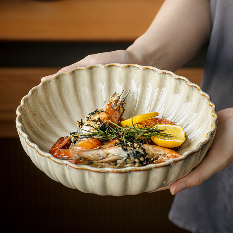 Retro Petal Relief Japanese Ceramic Dinnerware | Suitable for Household Use - Includes Bowls, Plates, Dishes, Serving Bowls, Deep Plates, Saucers