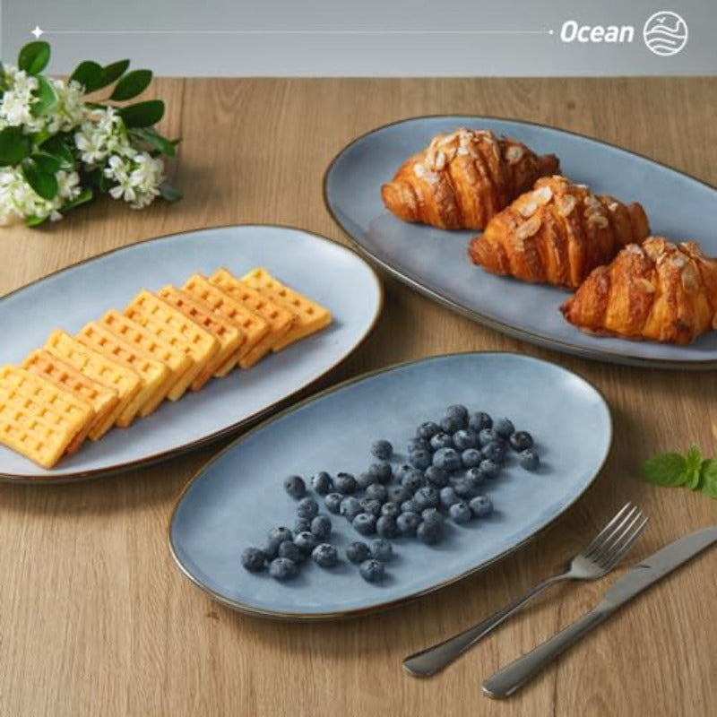 wxqqOval Serving Platter+Pasta Bowls 7 Pcs Plate Set Serving Dishes Reactive Glaze Microwave Dishwasher Safe Ocean Series Blue