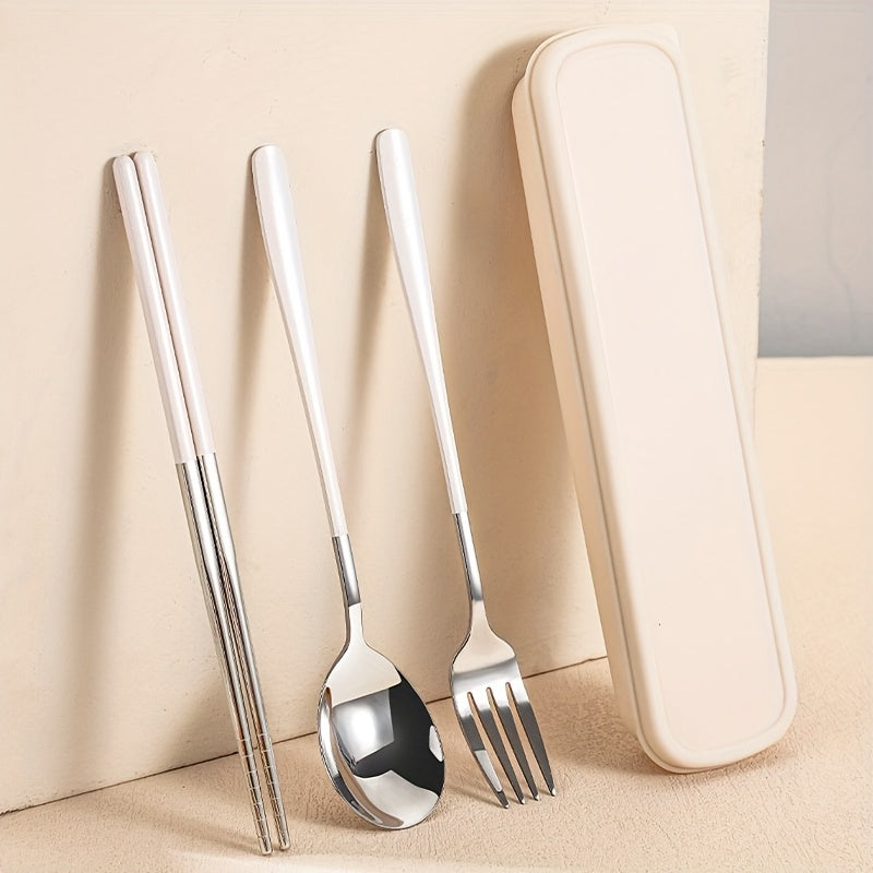 Personalized Customization, Cream Chopstick Spoon Set 304 Stainless Steel Student Tableware, School Specific Portable Spoon And Chopstick Storage Box, High-Value Tableware Set, Compact And Luxurious Stainless Steel Tableware Set