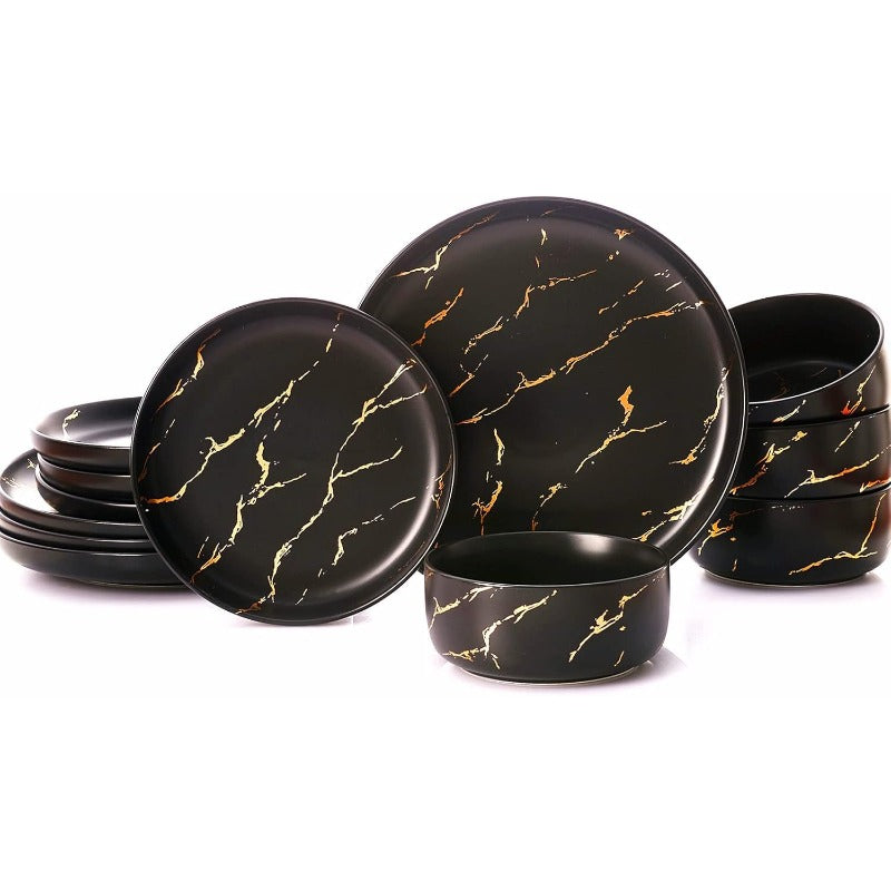 12pcs Black Golden Splash Marble Porcelain Dinnerware Set | Modern Luxury Dish Set for 4 People, Fine China Plates and Bowls for Formal Dinners and Anniversaries