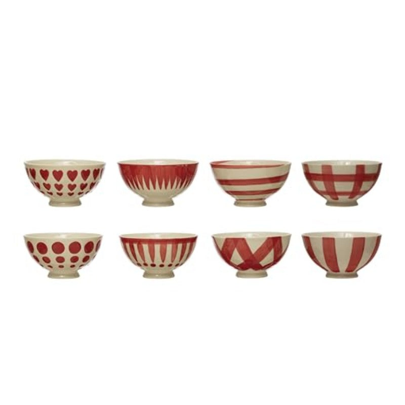 Round HandPainted Stoneware Latte Bowl Set of 8 Styles Dinnerware Red and White