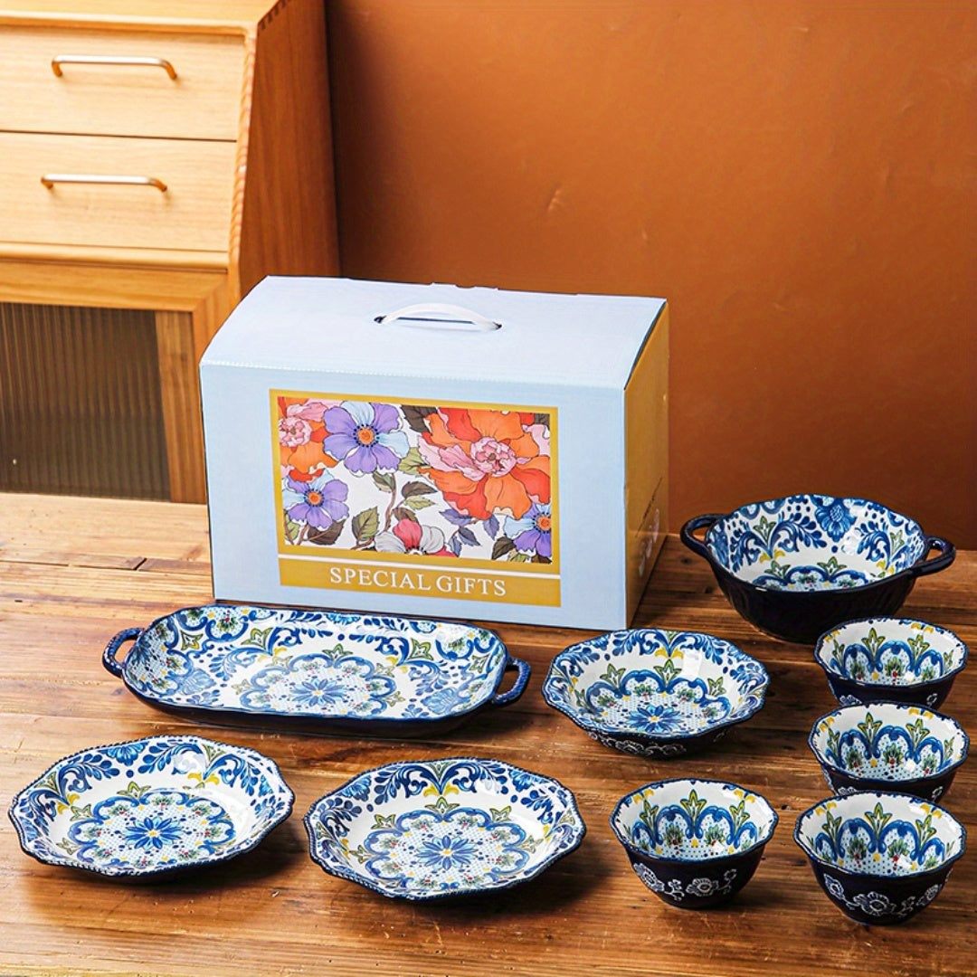 1set 9pcs Vintage Floral Ceramic Dinnerware Set, Includes: Small Bowl, Large Double-Handled Soup Bowl, Round Plate, 13-Inch Fish Plate (Can Be Used as Dipping Dish, Snack Plate), Rice Bowl, Soup Bowl, Dessert Bowl, Breakfast Bowl, Cereal Bowl, Noodle