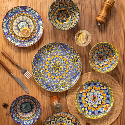12pcs Bohemian Style Ceramic Dinnerware Set | Combination of 6-Inch Bowls And 8\u002F10-Inch Steak Plates | Hand-Painted Vintage Patterned Plates | Suitable for Oven And Microwave | High-Quality Western Dining Utensils for Home Gatherings