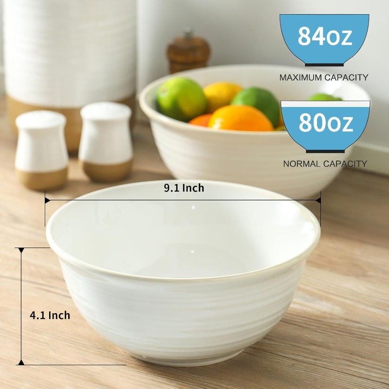 Serving Bowls 9 Inch Ceramic Salad Bowls for Kitchen 84 Ounce Mixing Bowl for Soup Pho Pasta Popcorn Dishwasher and Microwave Safe Set of 2 ClayInfused White