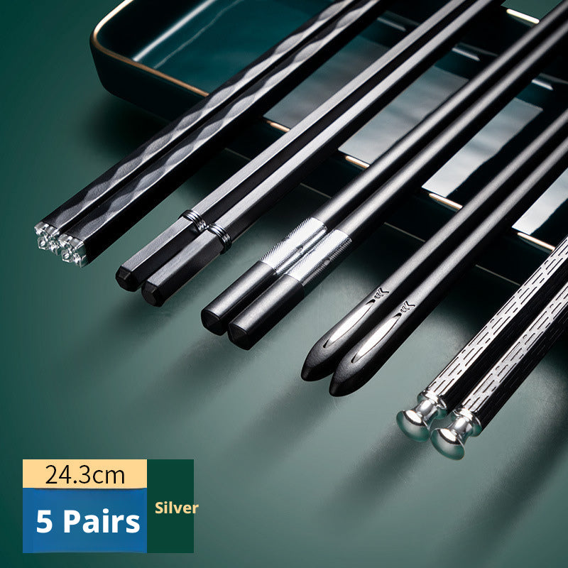 5 Pairs Premium Alloy Fiberglass Chopstick Set, Made of PET Silvery Ion Anti-slip and Reusable Material, Suitable for Home, Kitchen, Restaurant and Outdoor Use. 9.5 Inches in Size, Perfect for Eating Pasta, Sushi, Dumplings and Desserts. Comes in an