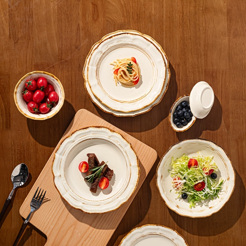 8pcs Ceramic Dinnerware Set in a Kiln-Changed Brown Color, Featuring a Vintage Minimalist Design with Irregular Edges, Suitable for Serving Fruits, Vegetable Salads, Bread, Pasta, Steak, Roasted Chicken, And More