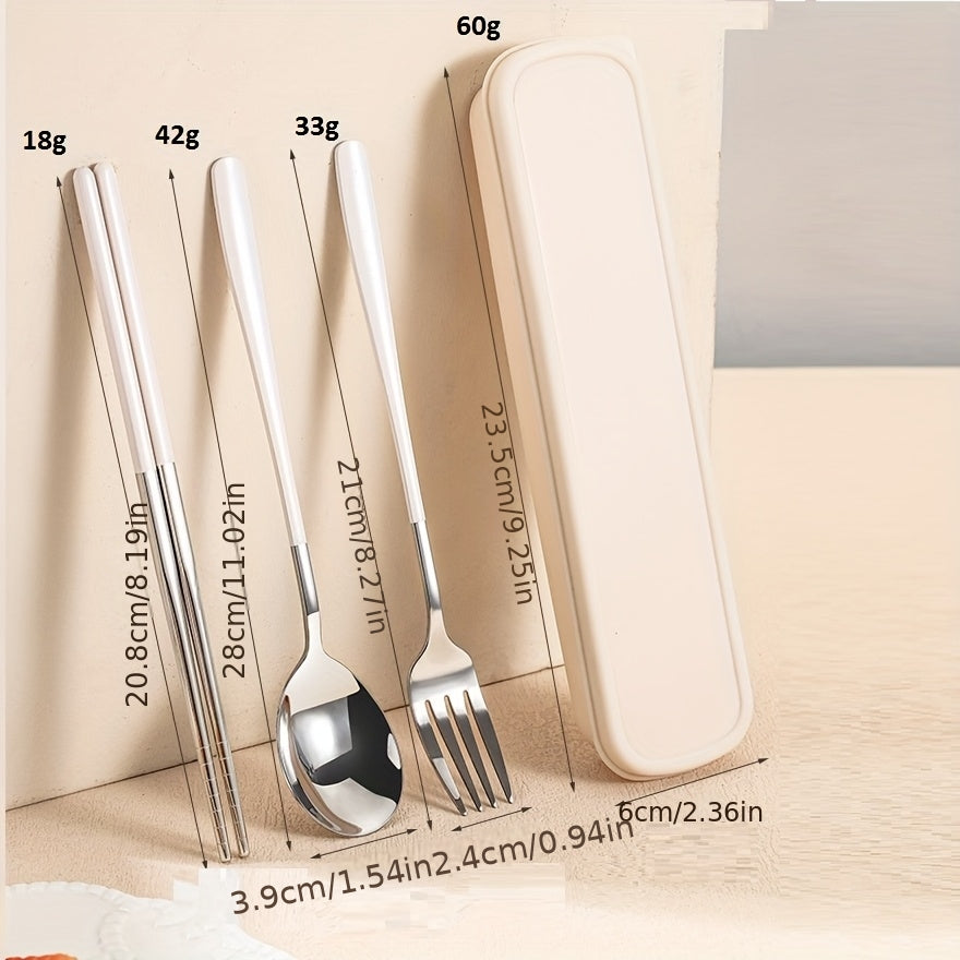 Personalized Customization, Cream Chopstick Spoon Set 304 Stainless Steel Student Tableware, School Specific Portable Spoon And Chopstick Storage Box, High-Value Tableware Set, Compact And Luxurious Stainless Steel Tableware Set