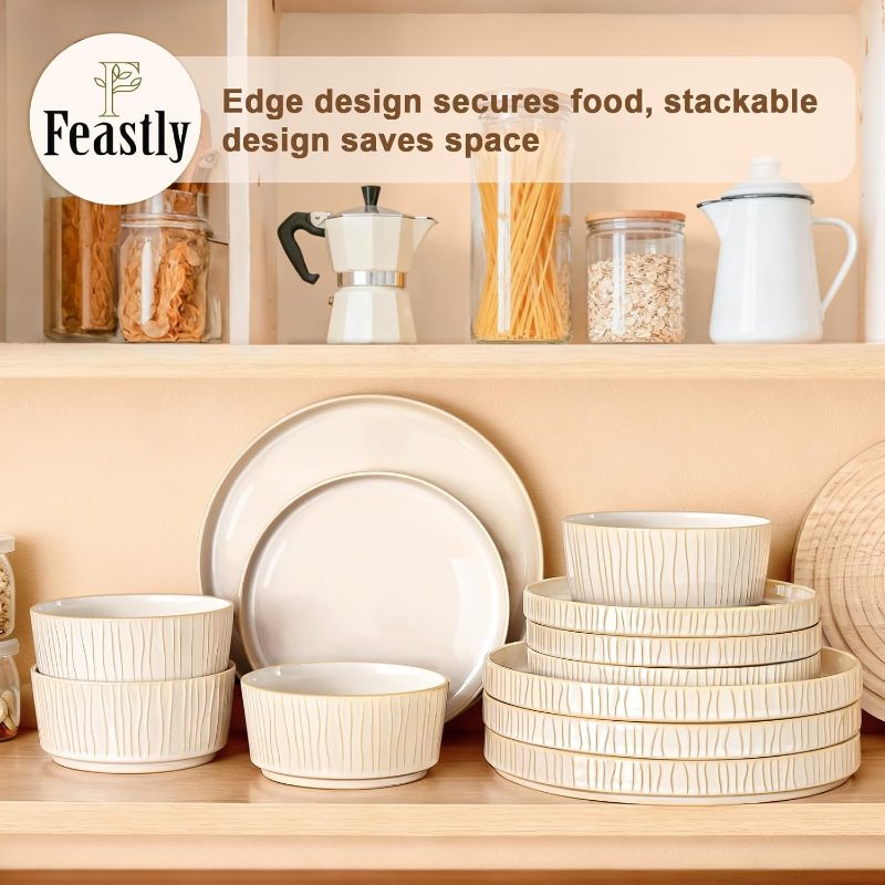 4, 12pcs Ceramic Dinnerware Sets | Ribbed Reactive Glaze Plates and Bowls, Chip Scratch Resistant, Microwave Dishwasher Safe, Odd Shaped Bowls, Cappuccino White, Ideal for Housewarming Gifts