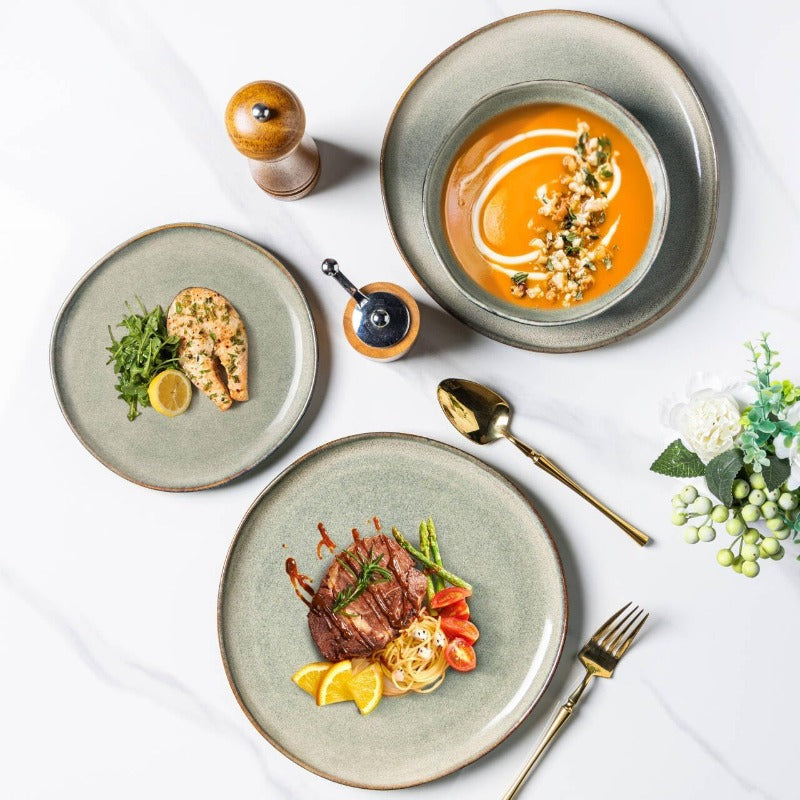 Handmade Stoneware Plates Set - Reactive Glaze Ceramic Dinner Plates Suitable for Dessert, Salad, Appetizer & Dinner - Microwave & Dishwasher Safe, Scratch-Resistant, - 8.5-Inch Plates for Steak, Pasta, Pizza - Modern Tableware