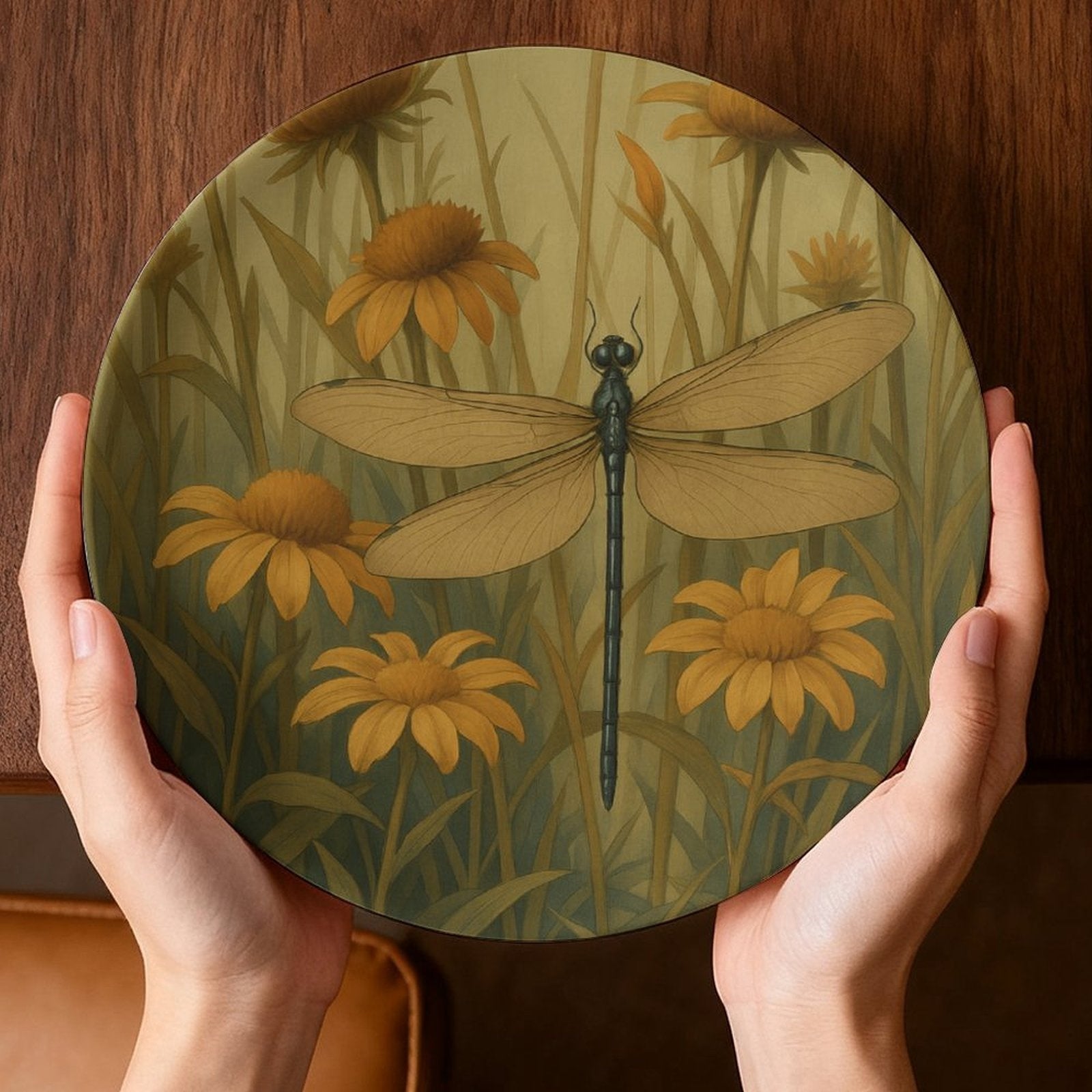 1pc Contemporary Dragonfly in Flowers Decorative Plate - Elegant Round Wall & Table Decor with Hanging Hole, Non-Food Serving Plate Suitable for Home, Living Room, Holiday Decoration - Ideal Gift, Non-Food Contact