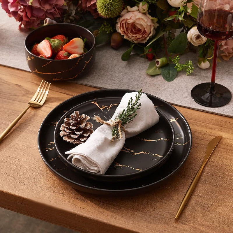 12pcs Black Golden Splash Marble Porcelain Dinnerware Set | Modern Luxury Dish Set for 4 People, Fine China Plates and Bowls for Formal Dinners and Anniversaries