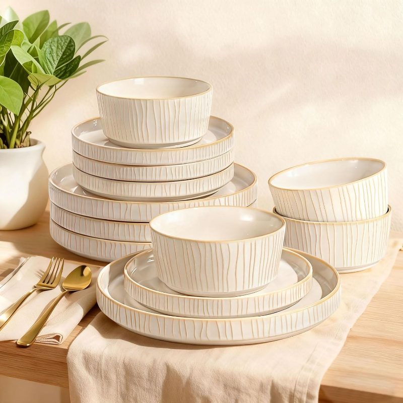 4, 12pcs Ceramic Dinnerware Sets | Ribbed Reactive Glaze Plates and Bowls, Chip Scratch Resistant, Microwave Dishwasher Safe, Odd Shaped Bowls, Cappuccino White, Ideal for Housewarming Gifts