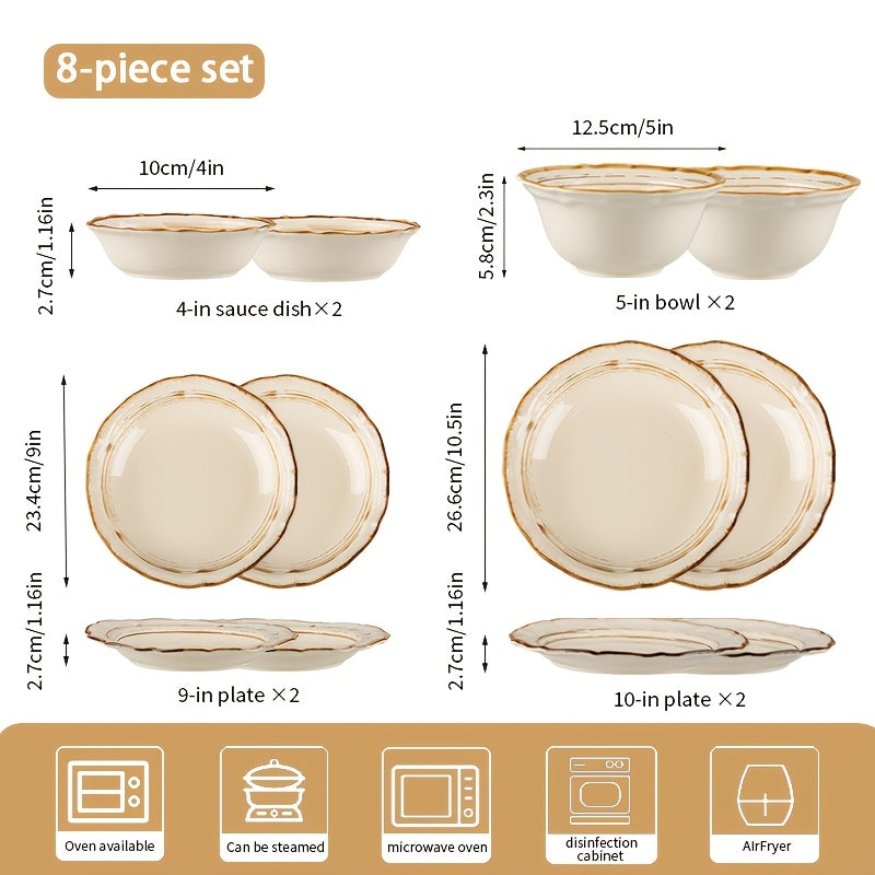 8pcs Ceramic Dinnerware Set in a Kiln-Changed Brown Color, Featuring a Vintage Minimalist Design with Irregular Edges, Suitable for Serving Fruits, Vegetable Salads, Bread, Pasta, Steak, Roasted Chicken, And More