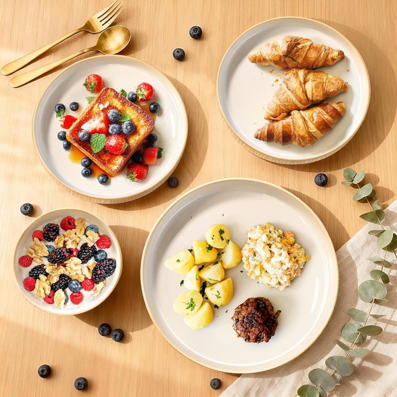 4, 12pcs Ceramic Dinnerware Sets | Ribbed Reactive Glaze Plates and Bowls, Chip Scratch Resistant, Microwave Dishwasher Safe, Odd Shaped Bowls, Cappuccino White, Ideal for Housewarming Gifts