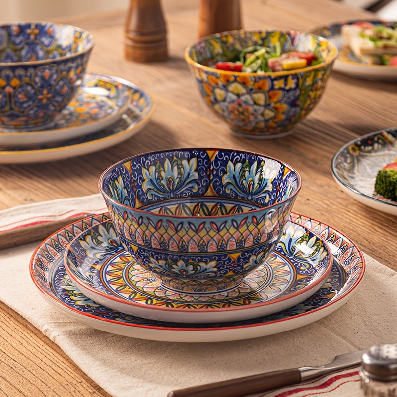 12pcs Bohemian Style Ceramic Dinnerware Set | Combination of 6-Inch Bowls And 8\u002F10-Inch Steak Plates | Hand-Painted Vintage Patterned Plates | Suitable for Oven And Microwave | High-Quality Western Dining Utensils for Home Gatherings
