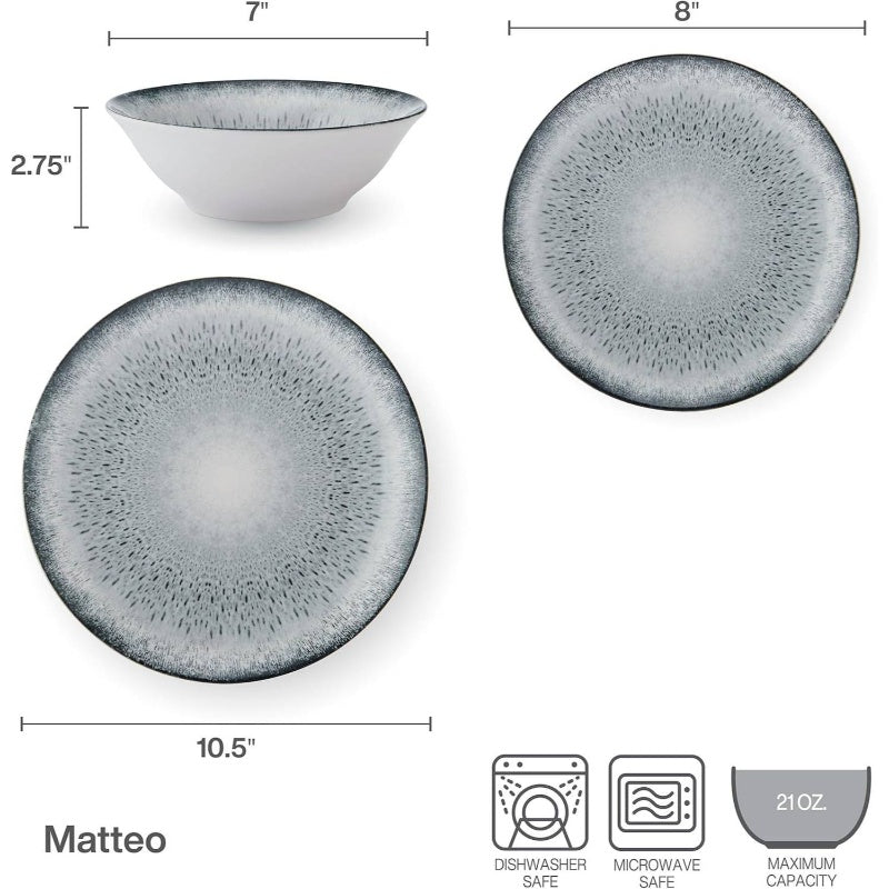 12pcs Matteo Dinnerware Plate Bowl Set | Octagonal Gray Plates and Bowls, Servie 4