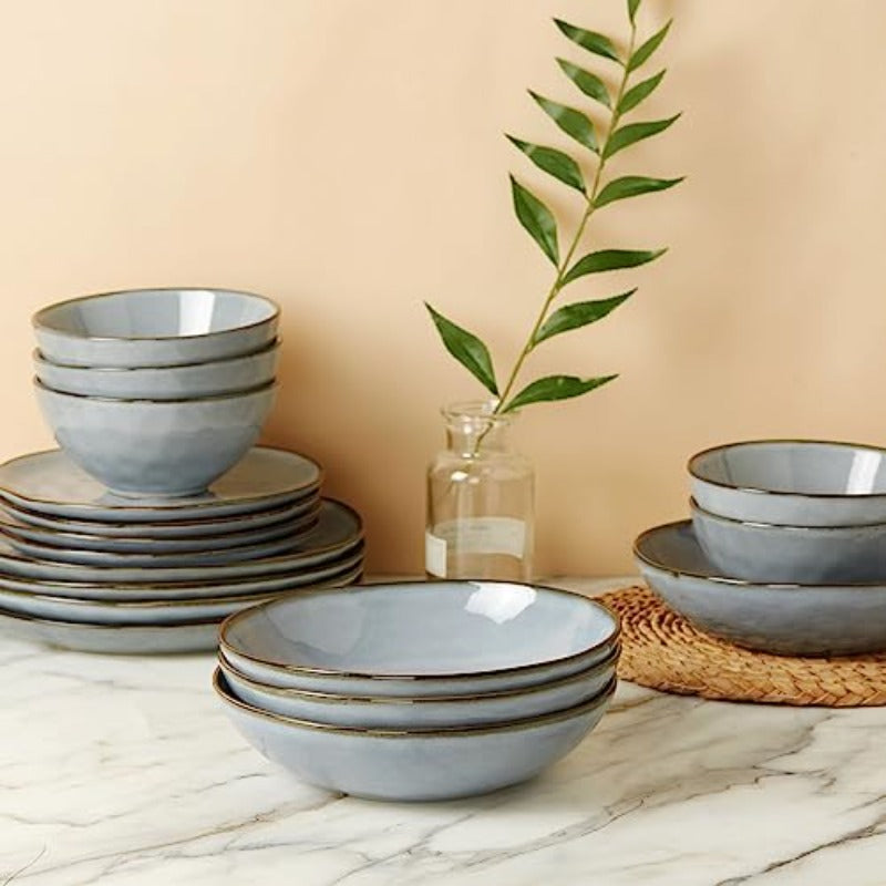 wxqqOval Serving Platter+Pasta Bowls 7 Pcs Plate Set Serving Dishes Reactive Glaze Microwave Dishwasher Safe Ocean Series Blue