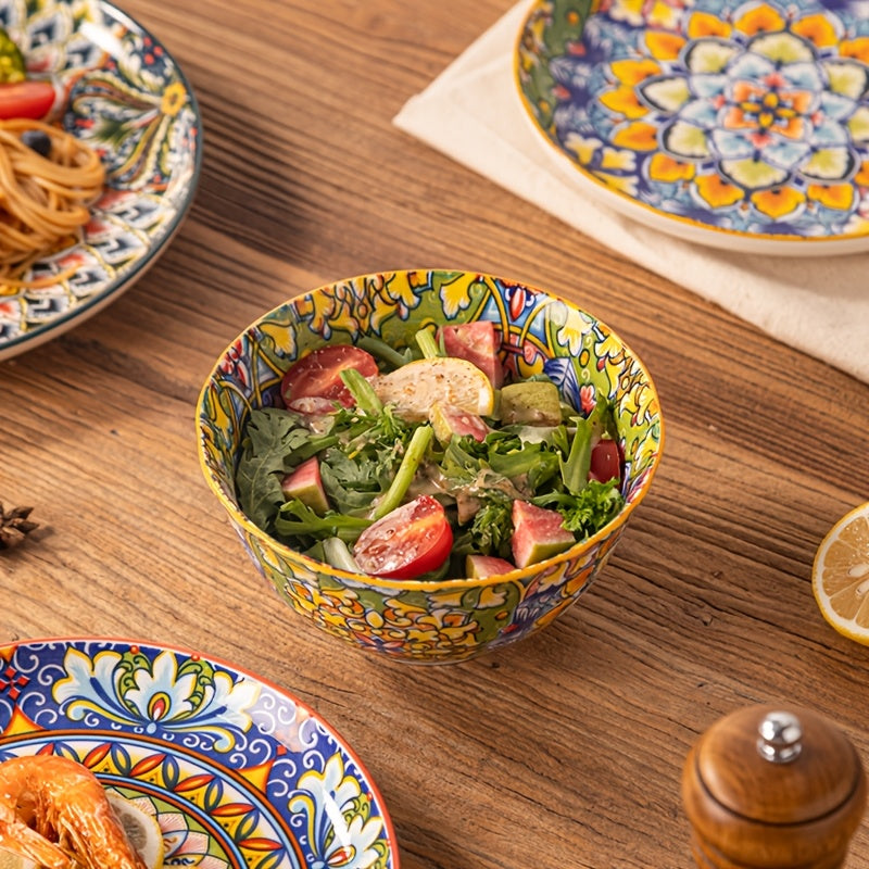 12pcs Bohemian Style Ceramic Dinnerware Set | Combination of 6-Inch Bowls And 8\u002F10-Inch Steak Plates | Hand-Painted Vintage Patterned Plates | Suitable for Oven And Microwave | High-Quality Western Dining Utensils for Home Gatherings