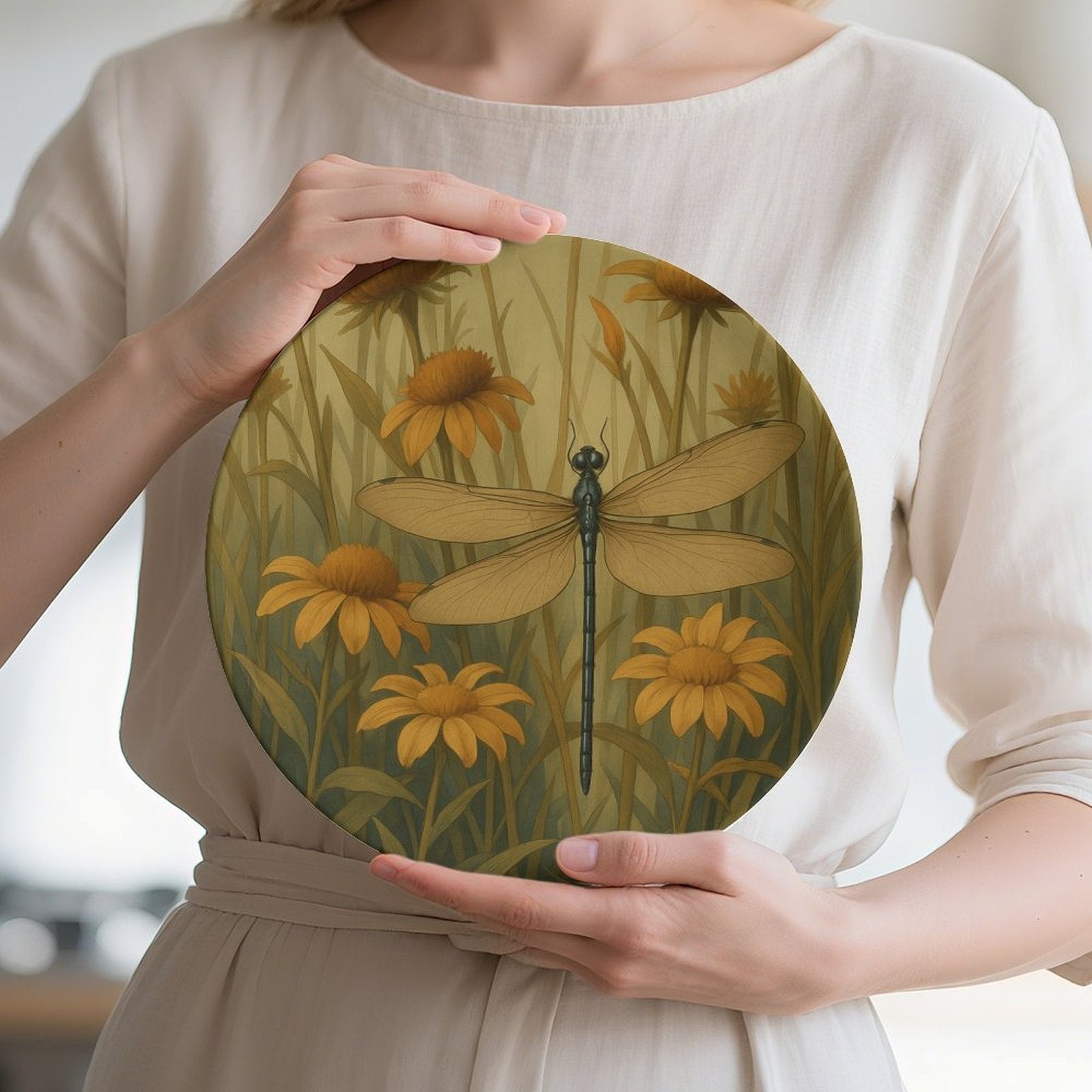1pc Contemporary Dragonfly in Flowers Decorative Plate - Elegant Round Wall & Table Decor with Hanging Hole, Non-Food Serving Plate Suitable for Home, Living Room, Holiday Decoration - Ideal Gift, Non-Food Contact