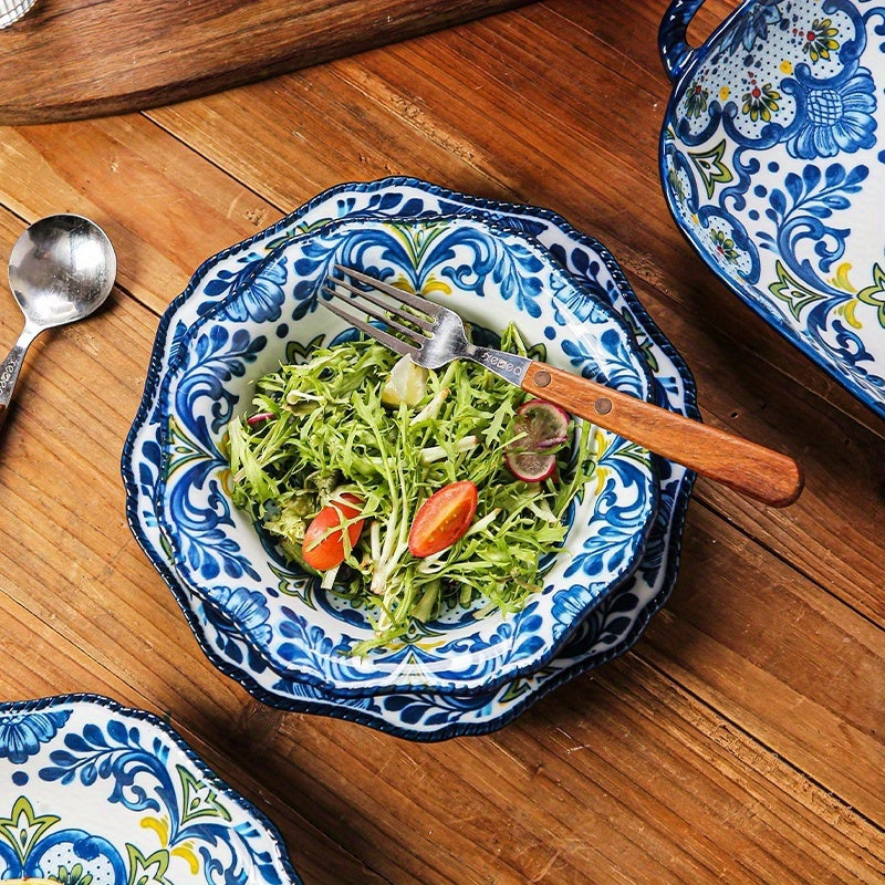 1set 9pcs Vintage Floral Ceramic Dinnerware Set, Includes: Small Bowl, Large Double-Handled Soup Bowl, Round Plate, 13-Inch Fish Plate (Can Be Used as Dipping Dish, Snack Plate), Rice Bowl, Soup Bowl, Dessert Bowl, Breakfast Bowl, Cereal Bowl, Noodle