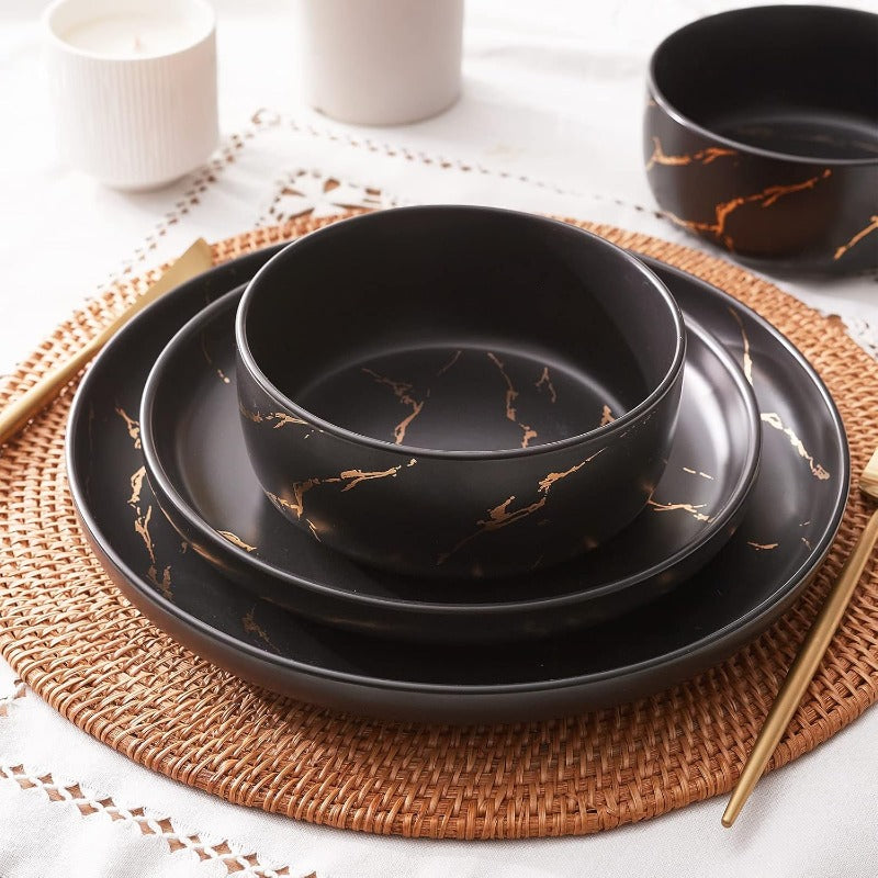 12pcs Black Golden Splash Marble Porcelain Dinnerware Set | Modern Luxury Dish Set for 4 People, Fine China Plates and Bowls for Formal Dinners and Anniversaries