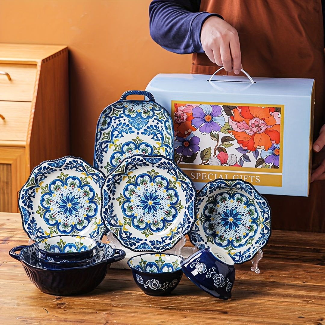 1set 9pcs Vintage Floral Ceramic Dinnerware Set, Includes: Small Bowl, Large Double-Handled Soup Bowl, Round Plate, 13-Inch Fish Plate (Can Be Used as Dipping Dish, Snack Plate), Rice Bowl, Soup Bowl, Dessert Bowl, Breakfast Bowl, Cereal Bowl, Noodle