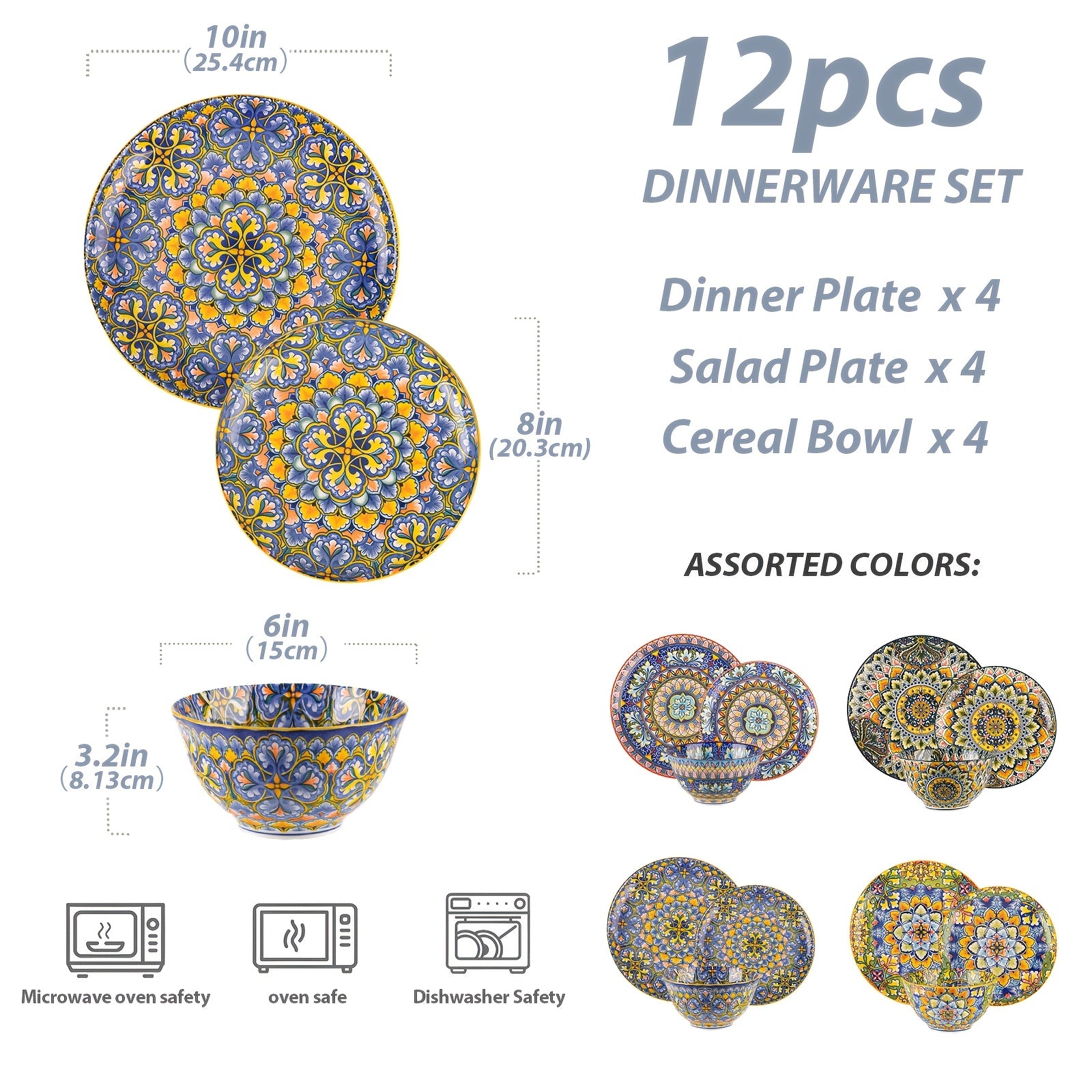 12pcs Bohemian Style Ceramic Dinnerware Set | Combination of 6-Inch Bowls And 8\u002F10-Inch Steak Plates | Hand-Painted Vintage Patterned Plates | Suitable for Oven And Microwave | High-Quality Western Dining Utensils for Home Gatherings