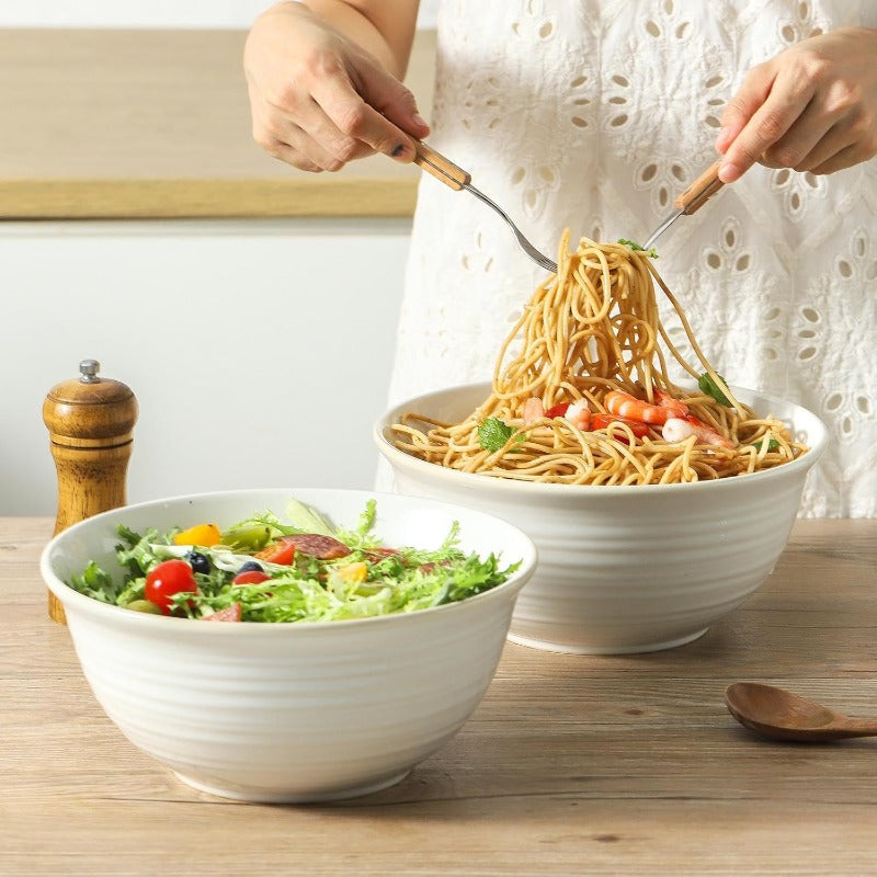Serving Bowls 9 Inch Ceramic Salad Bowls for Kitchen 84 Ounce Mixing Bowl for Soup Pho Pasta Popcorn Dishwasher and Microwave Safe Set of 2 ClayInfused White