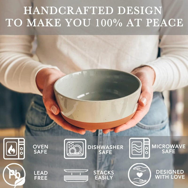 Multi-Size Ceramic Bowls Set (Large\u002FSmall) - Microwave, Oven & Dishwasher Safe - & Scratch-Resistant Porcelain-like Dishes with Clay - Grey Speckled & Orange Rim - Stackable for Soup, Salad, Cereal, Dinner - Free