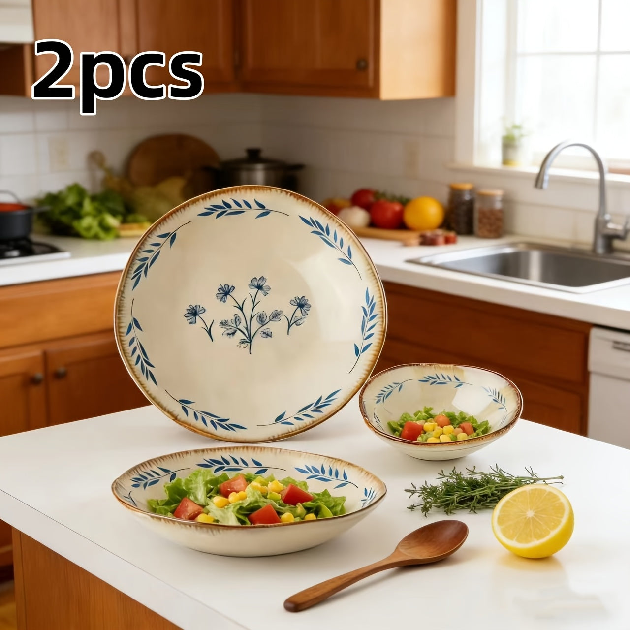 2pcs (3.5-inch\u002F9-inch) Vintage Porcelain Breakfast Plates, Blue Floral Pattern - Perfect for Salads, Fruits, and Vegetables, Breakfast Plates | Floral Pattern Plates | Decorative Plates for Christmas and Holiday Use, Festive Tableware