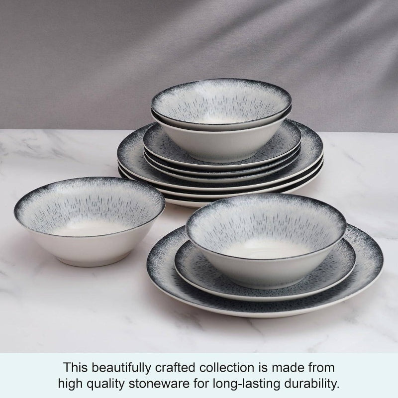 12pcs Matteo Dinnerware Plate Bowl Set | Octagonal Gray Plates and Bowls, Servie 4