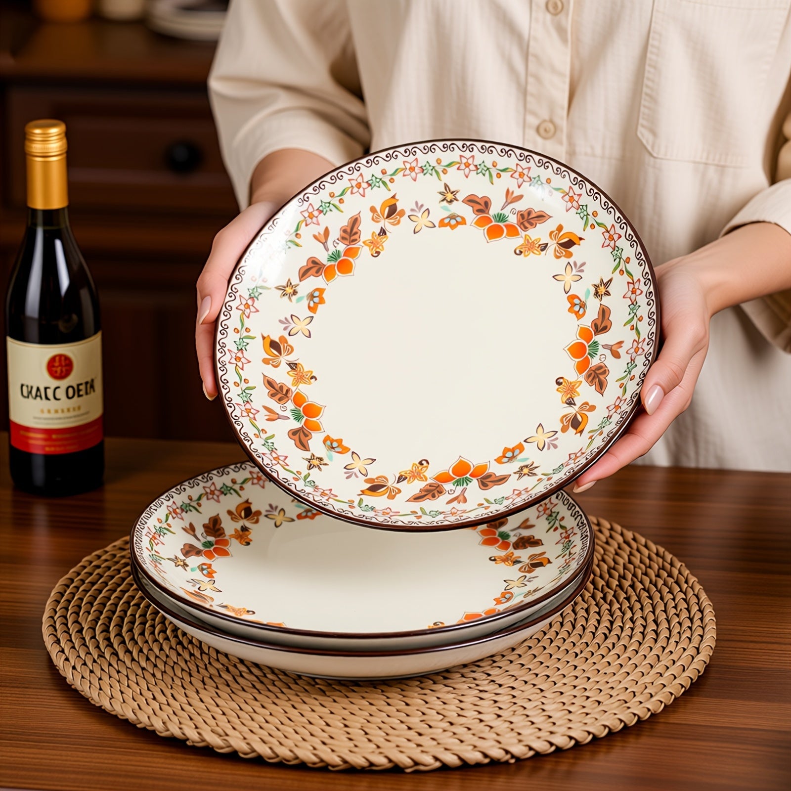 Set of 2 Shallow Plates Measuring 8.5 Inches (Dream of Dunhuang), Suitable for Dishwashers And Microwaves, Reusable, Featuring a Vintage Floral Bohemian Style, Perfect for Snacks, Pastries, Fruits, And Pet Dishes