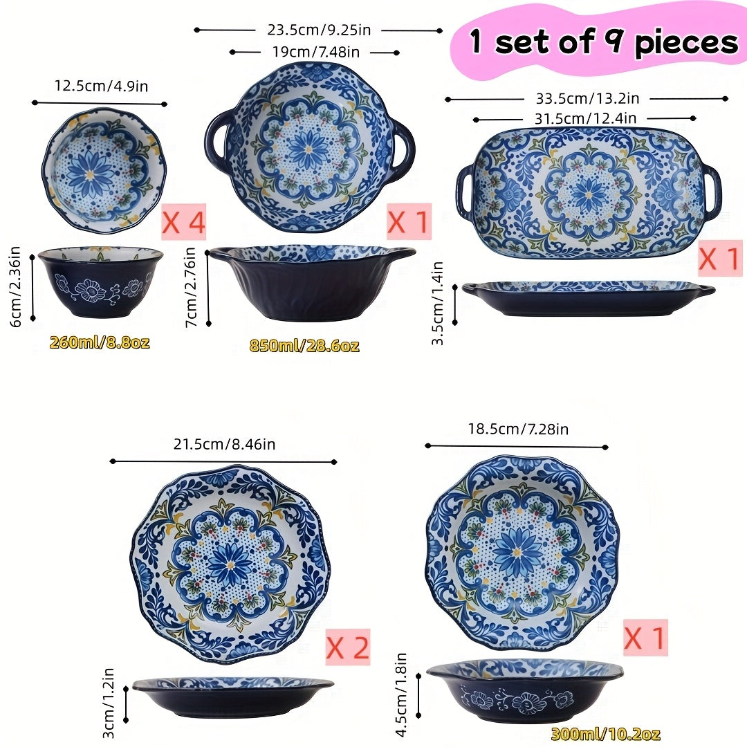 1set 9pcs Vintage Floral Ceramic Dinnerware Set, Includes: Small Bowl, Large Double-Handled Soup Bowl, Round Plate, 13-Inch Fish Plate (Can Be Used as Dipping Dish, Snack Plate), Rice Bowl, Soup Bowl, Dessert Bowl, Breakfast Bowl, Cereal Bowl, Noodle