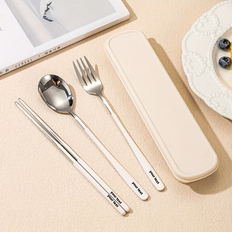 Personalized Customization, Cream Chopstick Spoon Set 304 Stainless Steel Student Tableware, School Specific Portable Spoon And Chopstick Storage Box, High-Value Tableware Set, Compact And Luxurious Stainless Steel Tableware Set