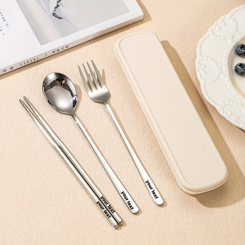 Personalized Customization, Cream Chopstick Spoon Set 304 Stainless Steel Student Tableware, School Specific Portable Spoon And Chopstick Storage Box, High-Value Tableware Set, Compact And Luxurious Stainless Steel Tableware Set