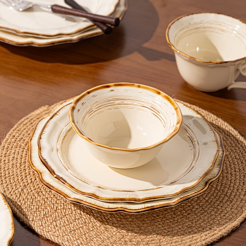 8pcs Ceramic Dinnerware Set in a Kiln-Changed Brown Color, Featuring a Vintage Minimalist Design with Irregular Edges, Suitable for Serving Fruits, Vegetable Salads, Bread, Pasta, Steak, Roasted Chicken, And More