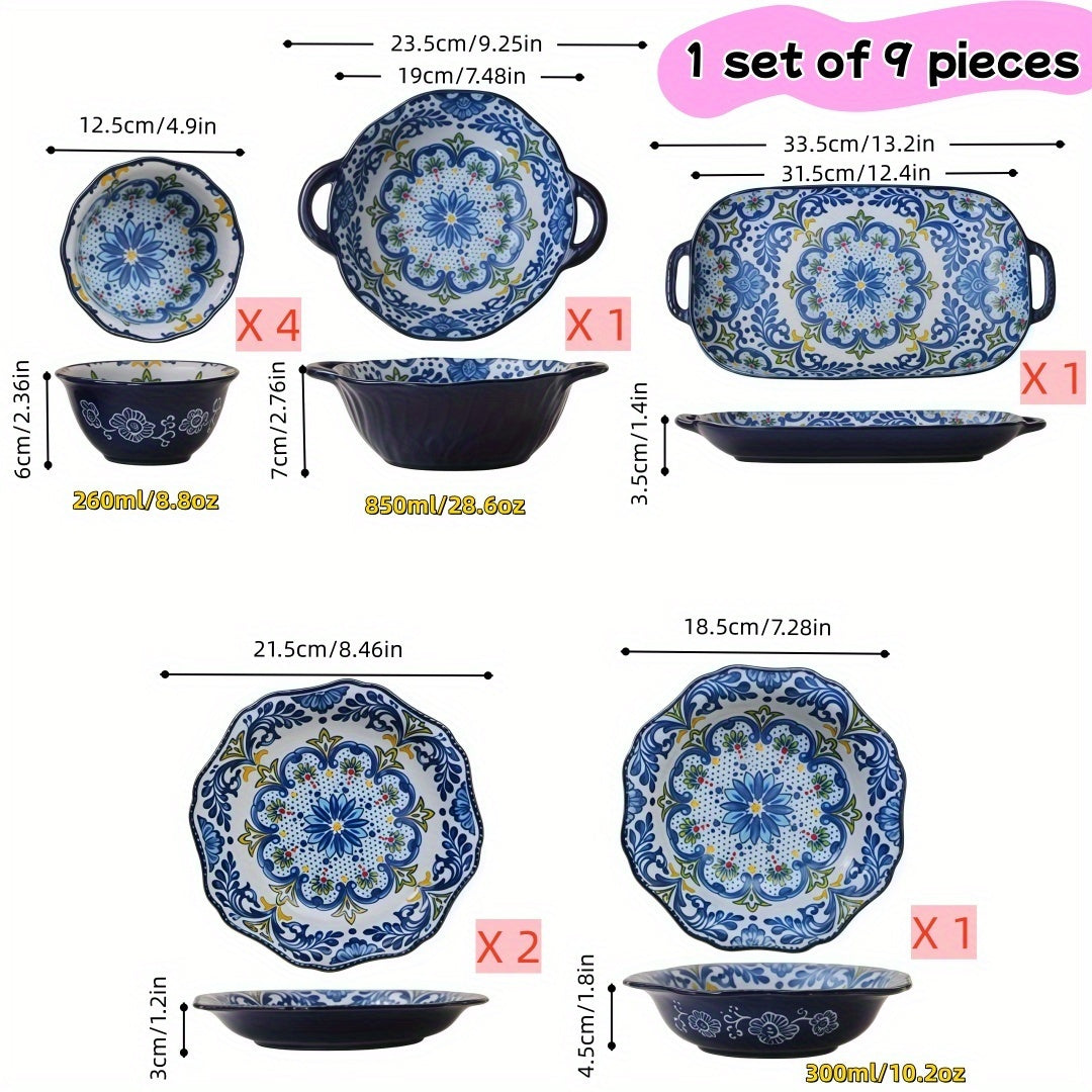 1set 9pcs Vintage Floral Ceramic Dinnerware Set, Includes: Small Bowl, Large Double-Handled Soup Bowl, Round Plate, 13-Inch Fish Plate (Can Be Used as Dipping Dish, Snack Plate), Rice Bowl, Soup Bowl, Dessert Bowl, Breakfast Bowl, Cereal Bowl, Noodle