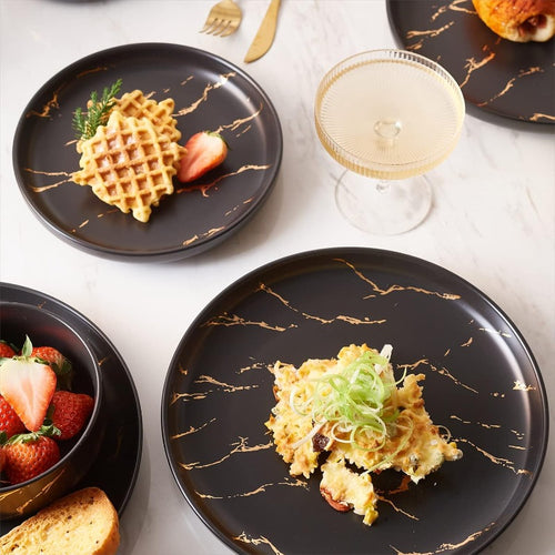 12pcs Black Golden Splash Marble Porcelain Dinnerware Set | Modern Luxury Dish Set for 4 People, Fine China Plates and Bowls for Formal Dinners and Anniversaries