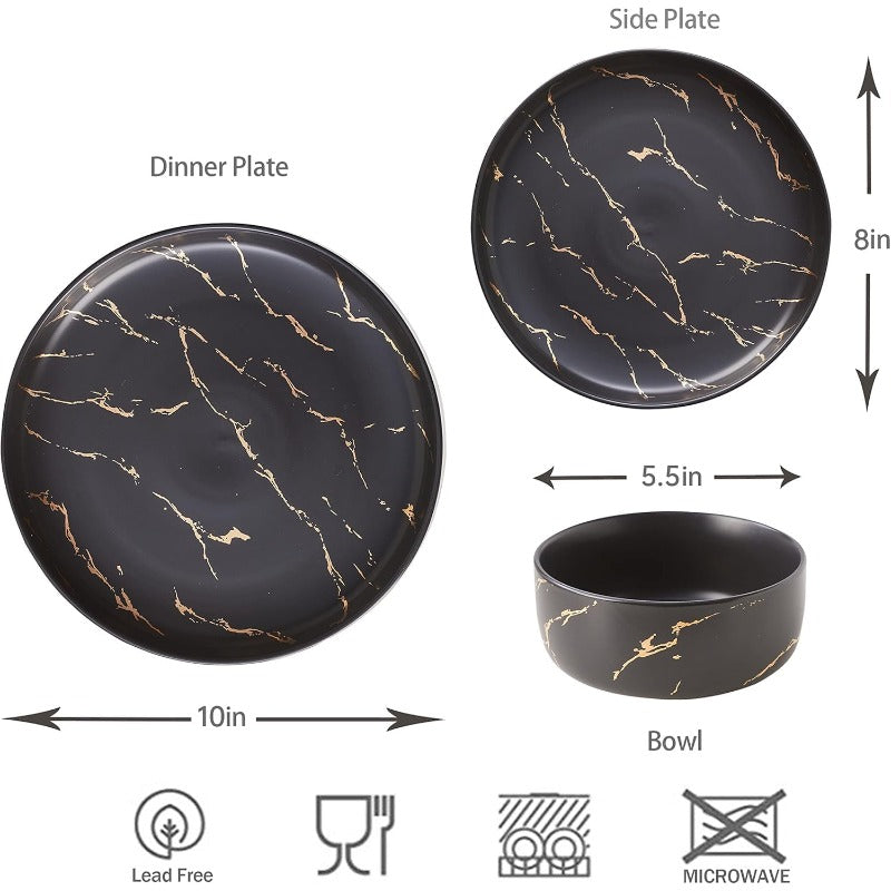 12pcs Black Golden Splash Marble Porcelain Dinnerware Set | Modern Luxury Dish Set for 4 People, Fine China Plates and Bowls for Formal Dinners and Anniversaries