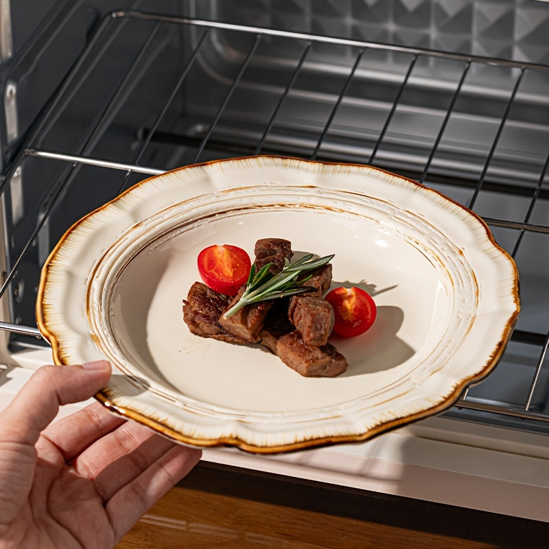 8pcs Ceramic Dinnerware Set in a Kiln-Changed Brown Color, Featuring a Vintage Minimalist Design with Irregular Edges, Suitable for Serving Fruits, Vegetable Salads, Bread, Pasta, Steak, Roasted Chicken, And More